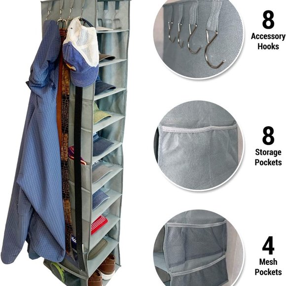 10 Shelf Hanging Closet Hat Organizer for Hat Storage & Belt Side Hooks - Picture 4 of 8